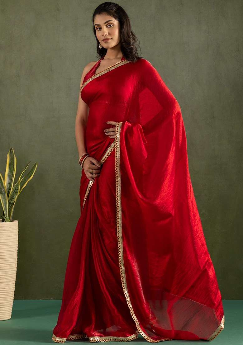 Red Embroidered Chiffon Saree Set - Indya