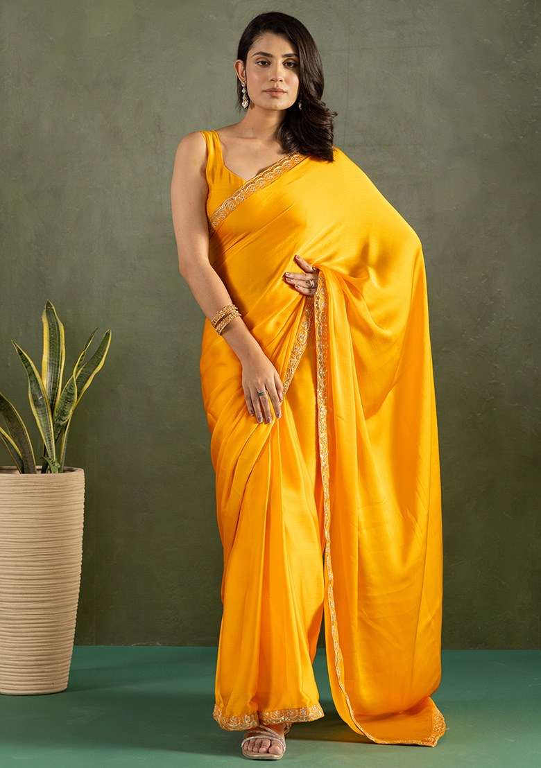 Yellow Embroidered Chiffon Saree Set - Indya