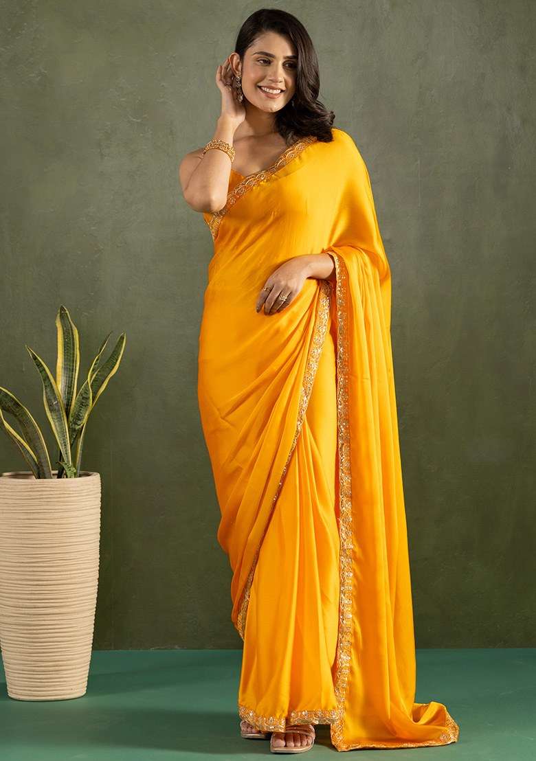 Yellow Embroidered Chiffon Saree Set - Indya