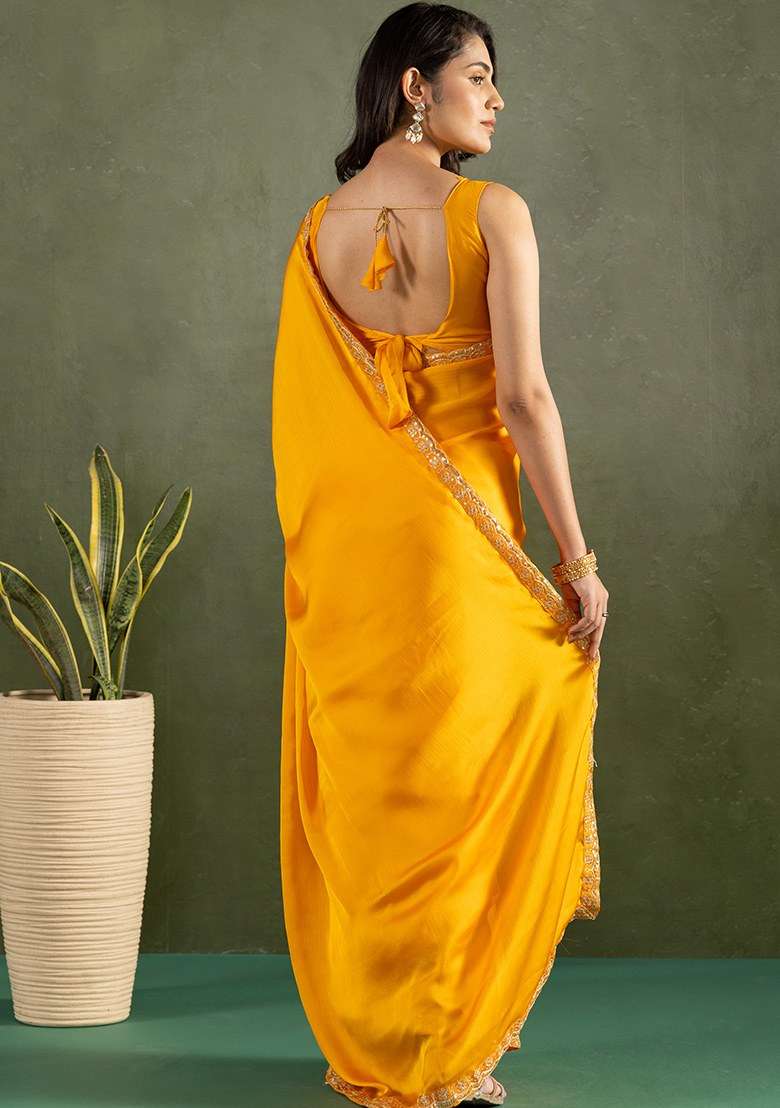 Yellow Embroidered Chiffon Saree Set - Indya