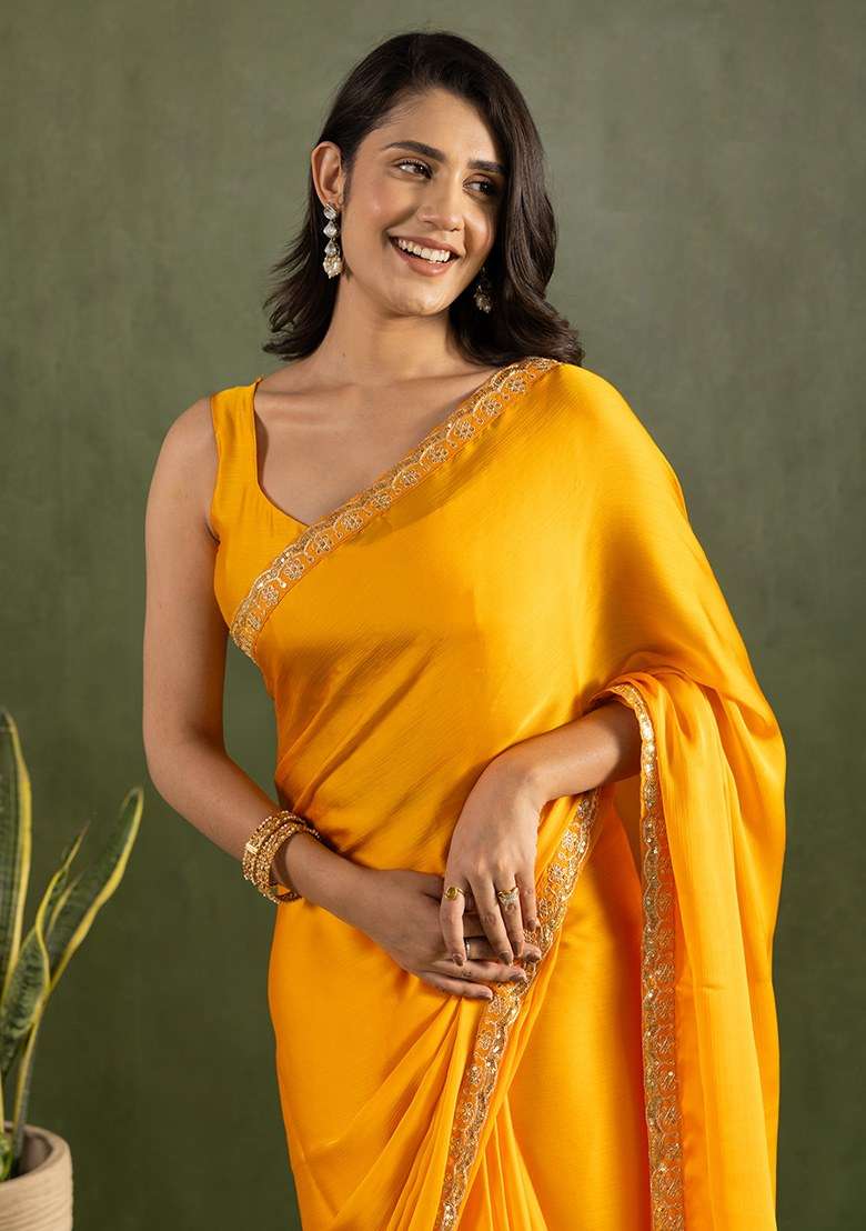 Yellow Embroidered Chiffon Saree Set - Indya