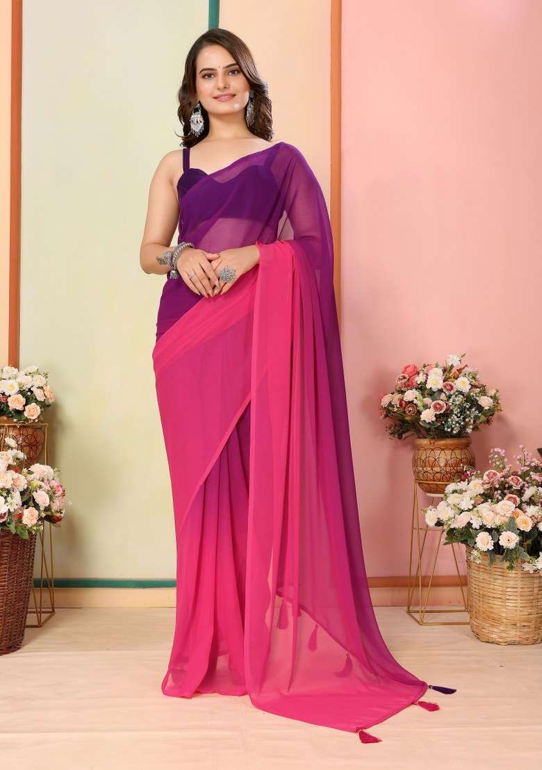 Purple Printed Georgette Saree Set - Indya