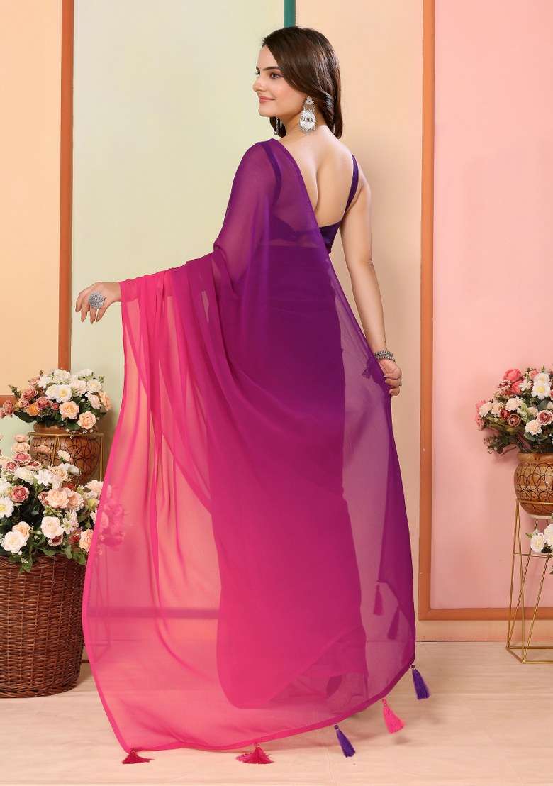 Purple Printed Georgette Saree Set - Indya