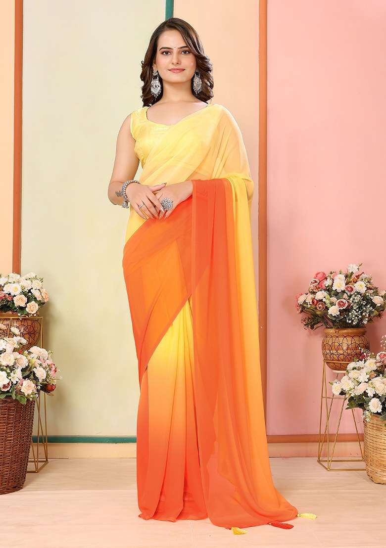 Yellow Printed Georgette Saree Set - Indya