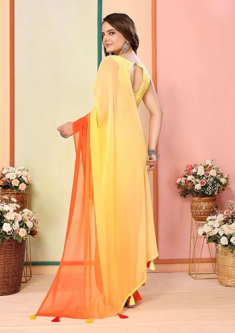 Yellow Printed Georgette Saree Set - Indya