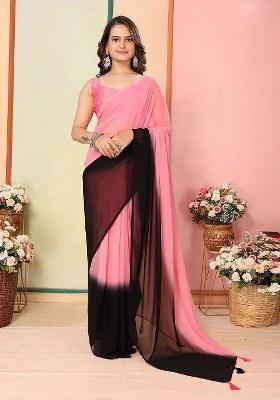 Pink Printed Georgette Saree Set