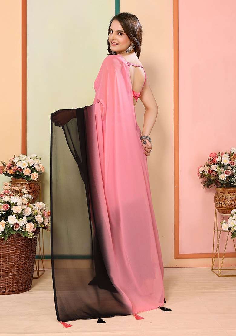 Pink Printed Georgette Saree Set - Indya