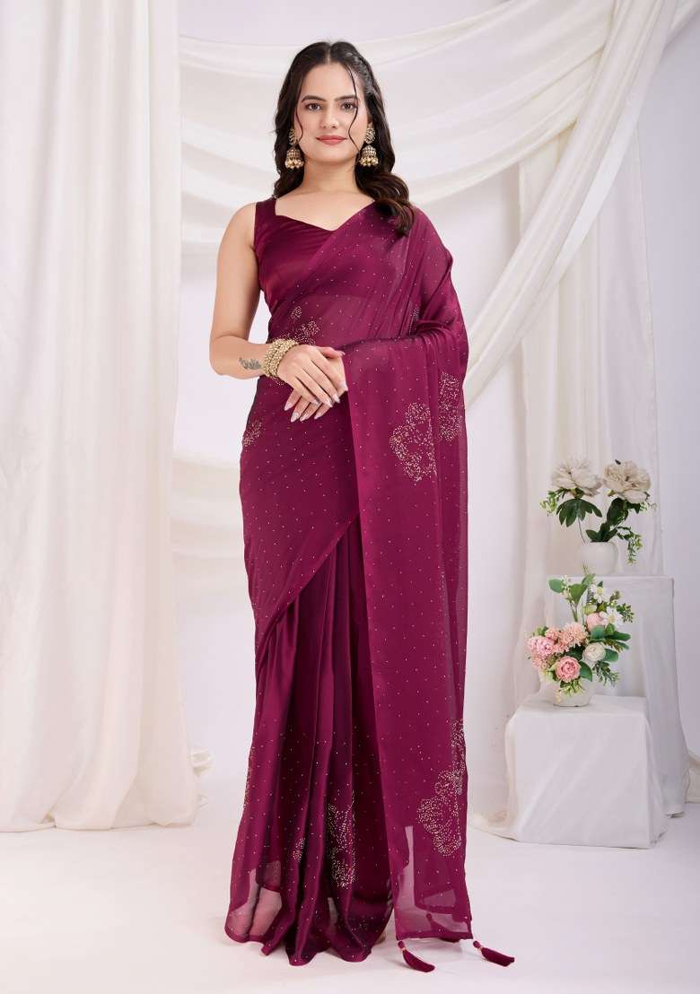 Maroon Embroidered Silk Saree Set - Indya