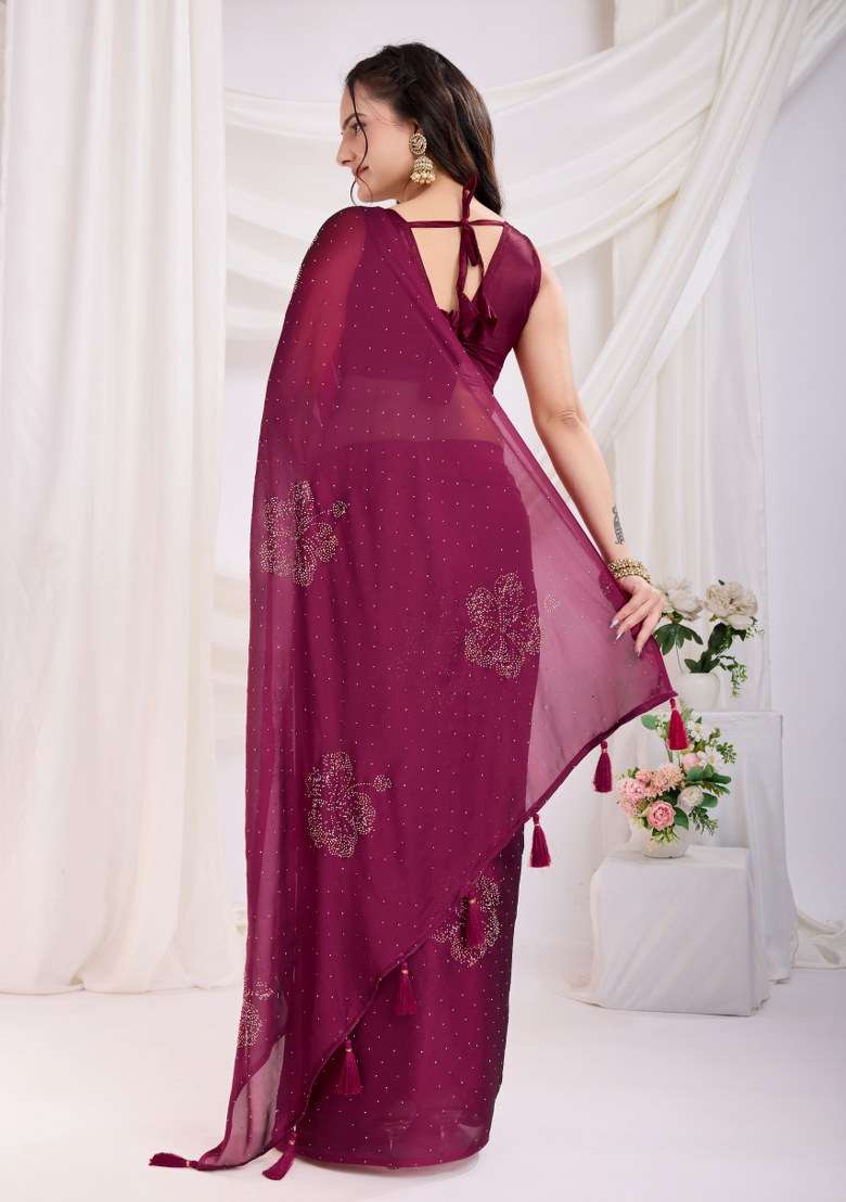 Maroon Embroidered Silk Saree Set - Indya