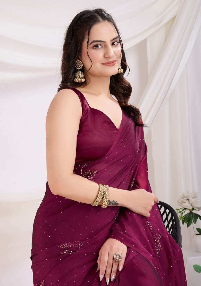 Maroon Embroidered Silk Saree Set - Indya