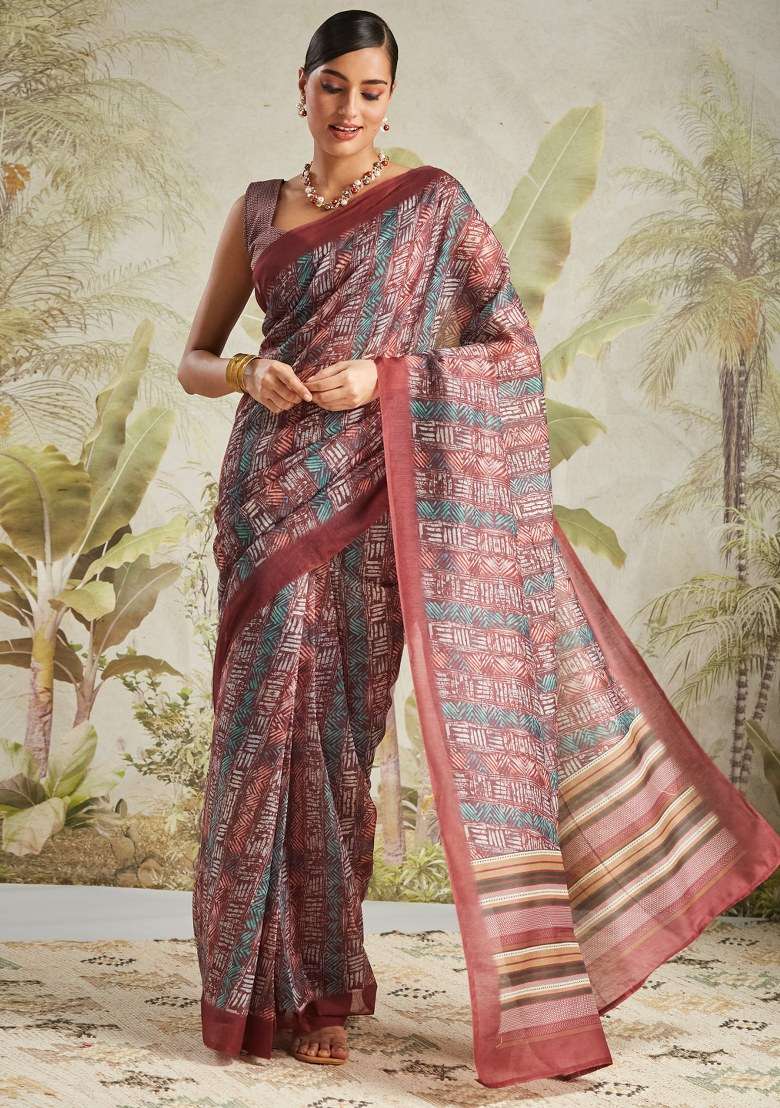 Maroon Printed Cotton Saree Set - Indya