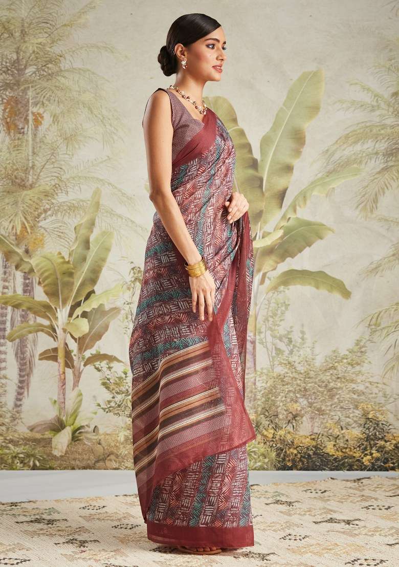 Maroon Printed Cotton Saree Set - Indya