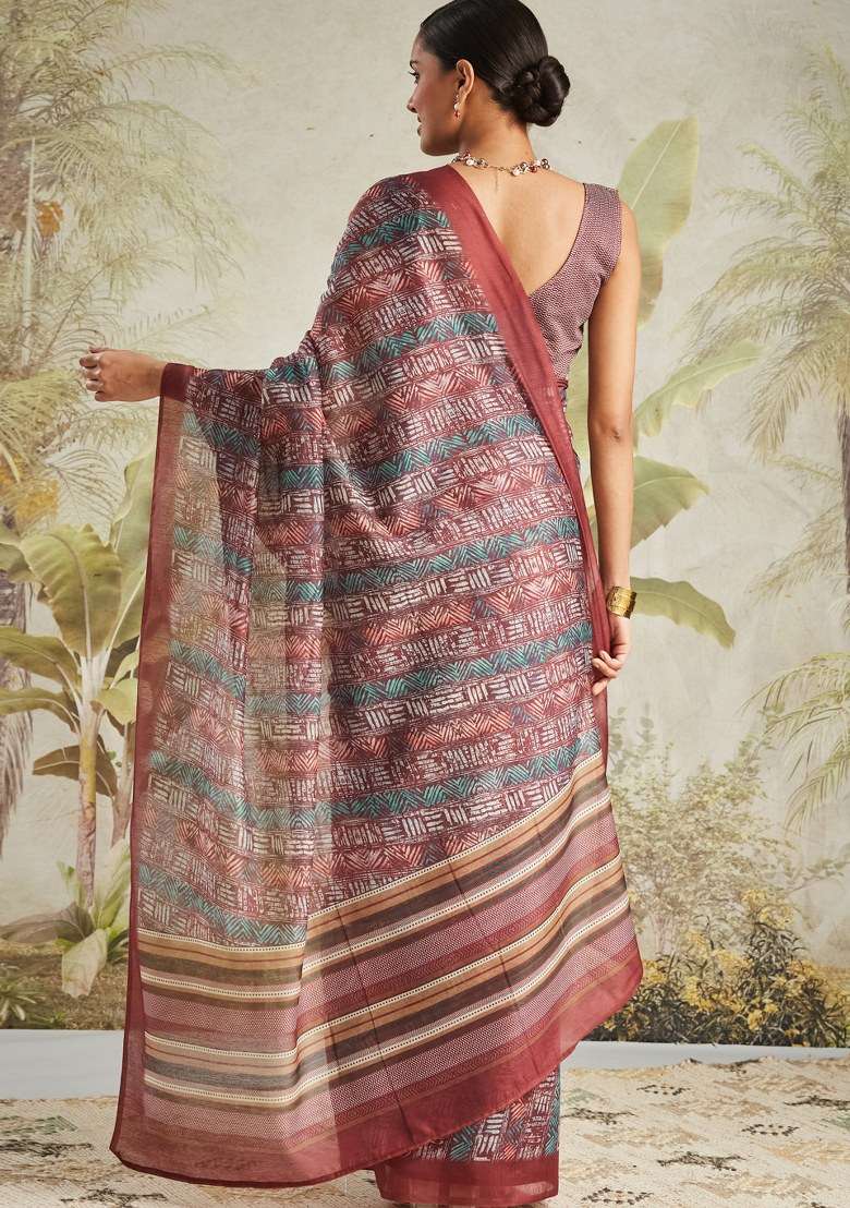 Maroon Printed Cotton Saree Set - Indya