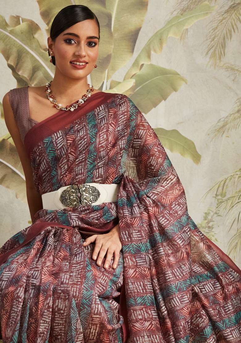 Maroon Printed Cotton Saree Set - Indya