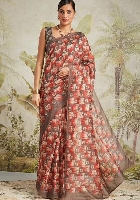 Brown Printed Cotton Saree Set