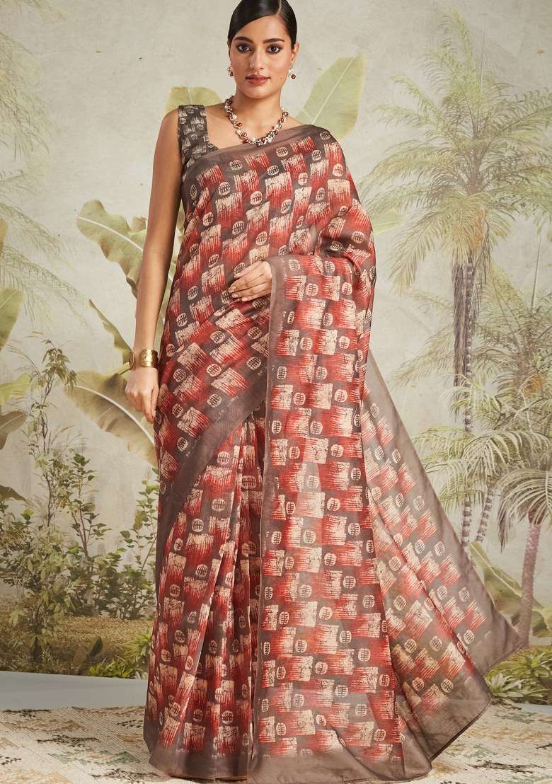 Brown Printed Cotton Saree Set - Indya