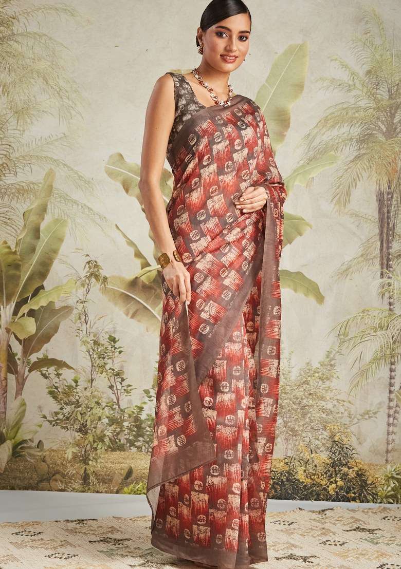 Brown Printed Cotton Saree Set - Indya