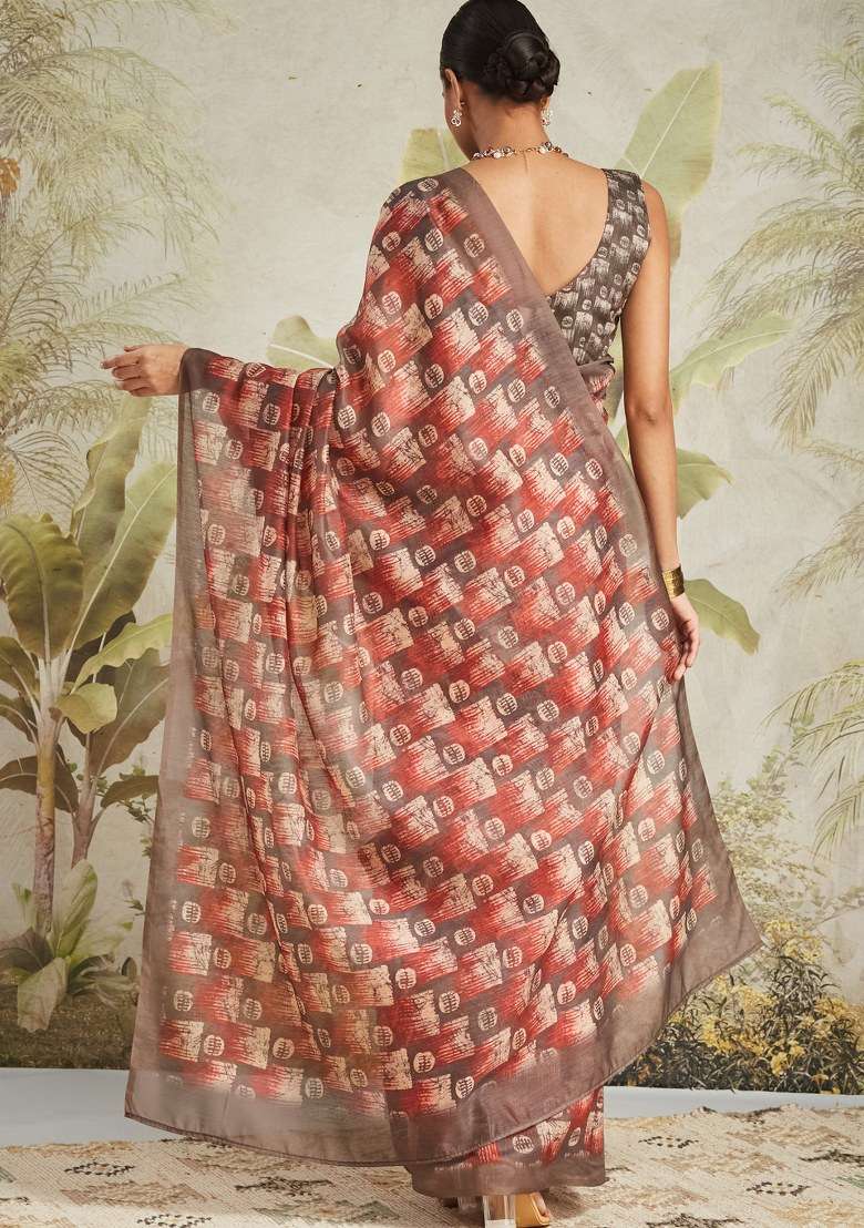 Brown Printed Cotton Saree Set - Indya