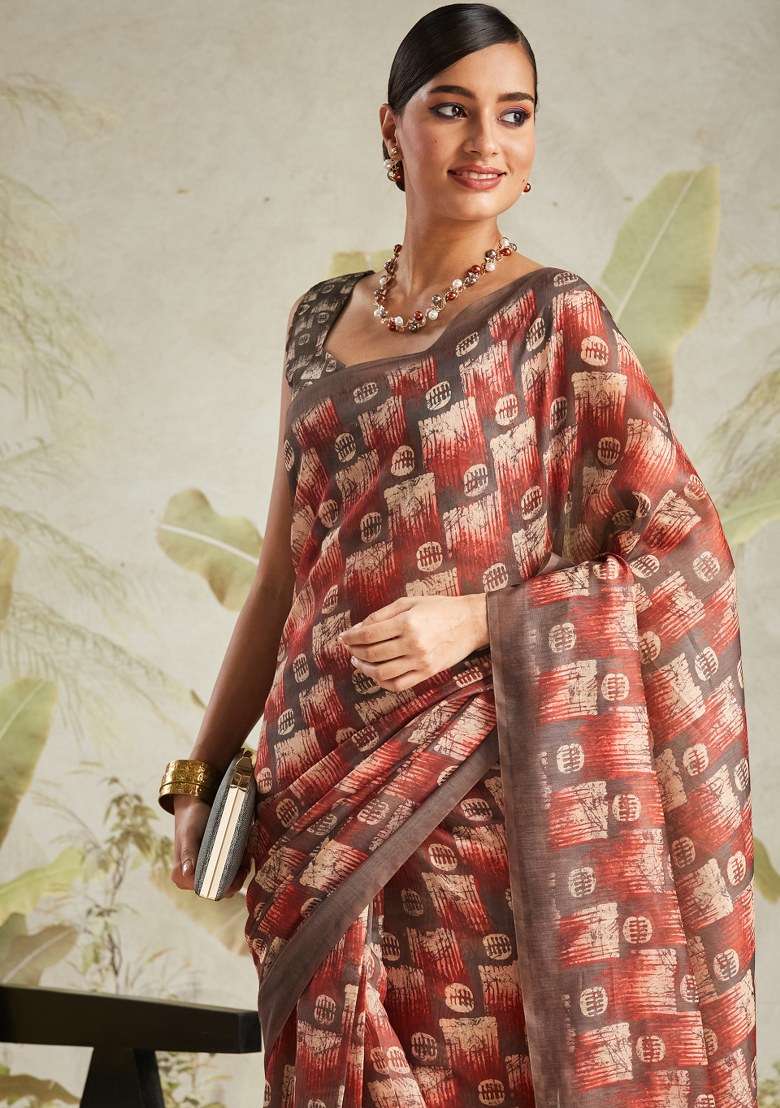 Brown Printed Cotton Saree Set - Indya