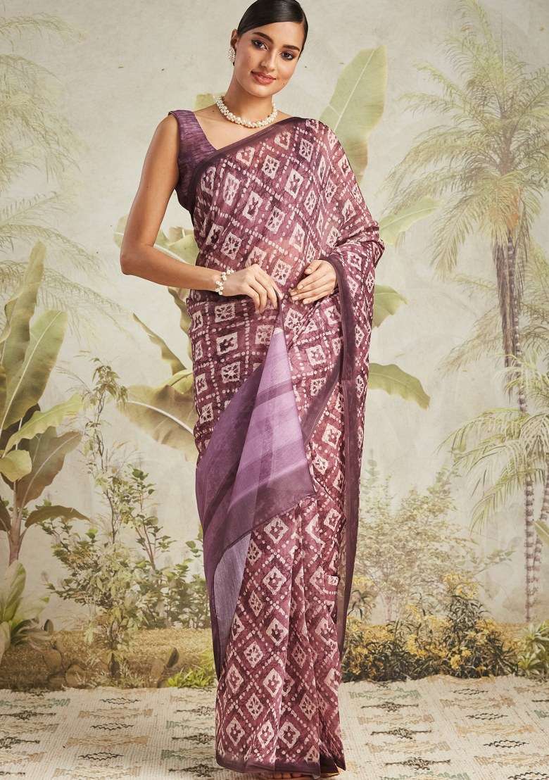 Wine Printed Cotton Saree Set - Indya