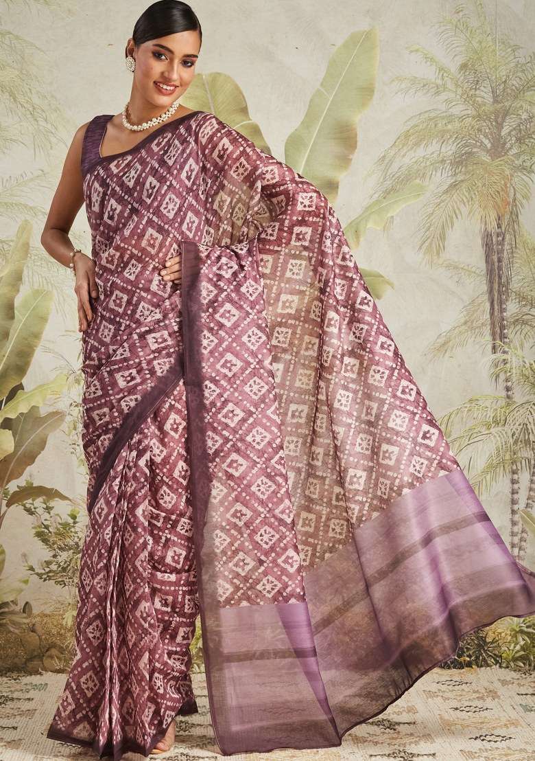 Wine Printed Cotton Saree Set - Indya