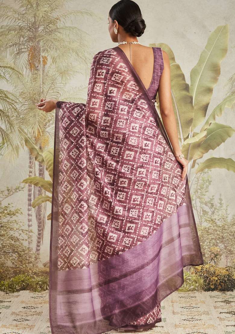 Wine Printed Cotton Saree Set - Indya