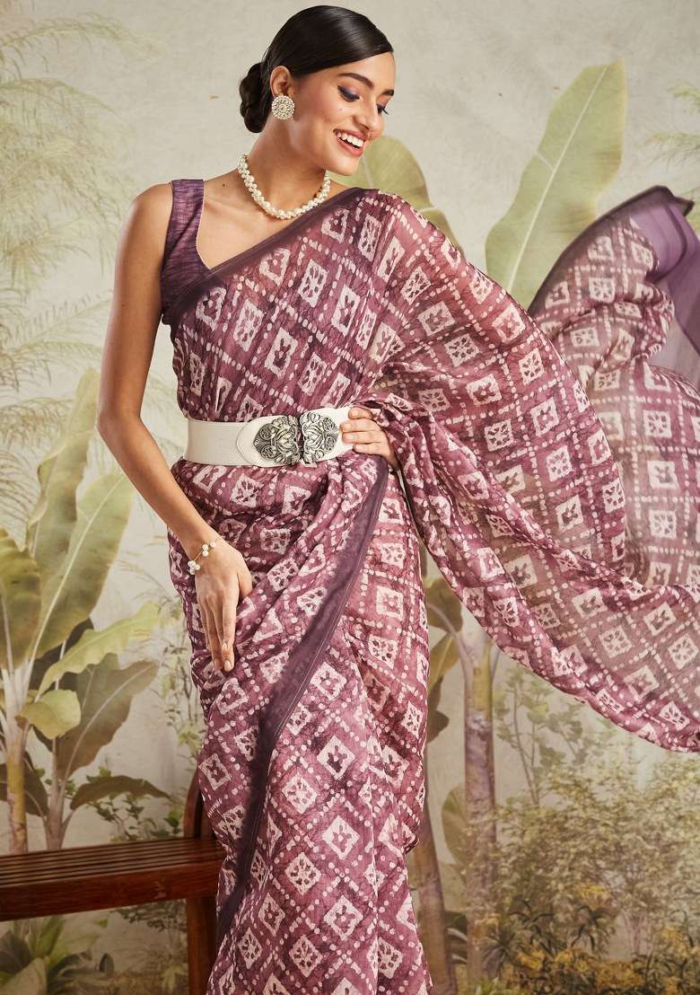 Wine Printed Cotton Saree Set - Indya