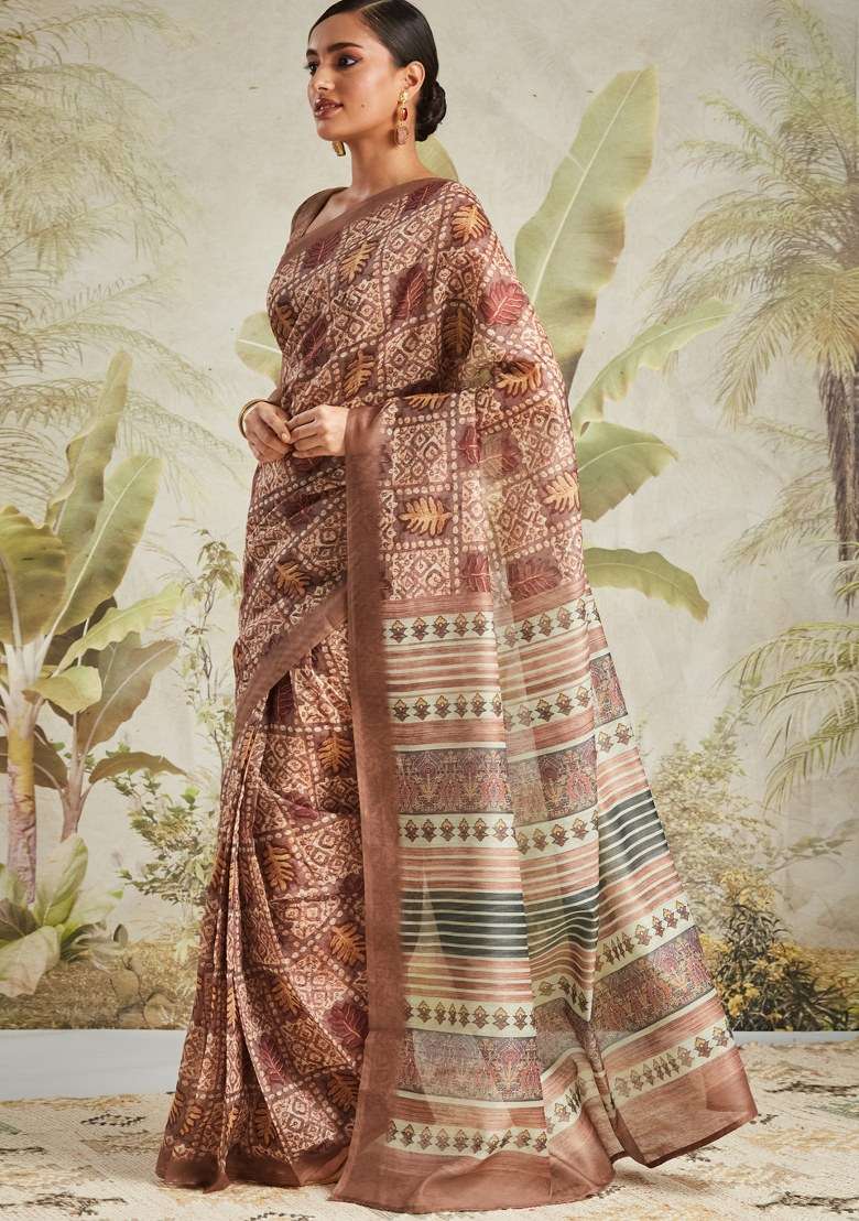 Brown Printed Cotton Saree Set - Indya