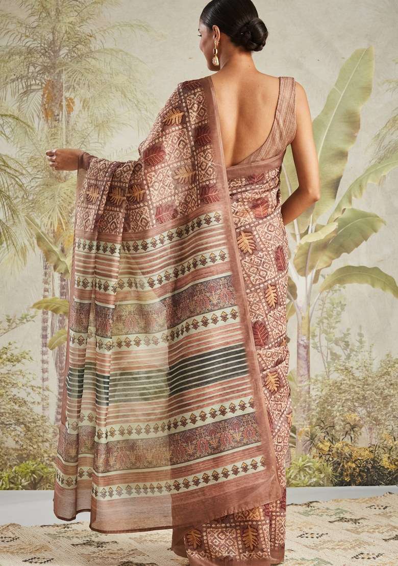 Brown Printed Cotton Saree Set - Indya