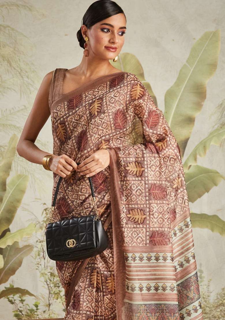 Brown Printed Cotton Saree Set - Indya