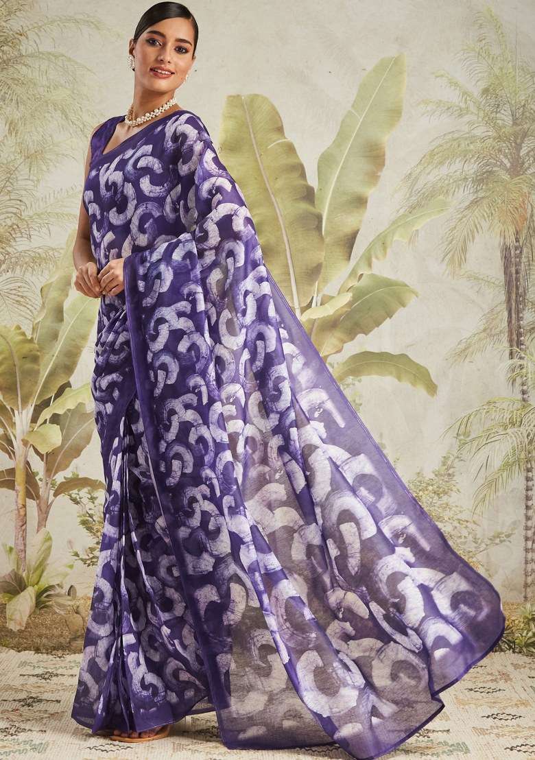 Purple Printed Cotton Saree Set - Indya
