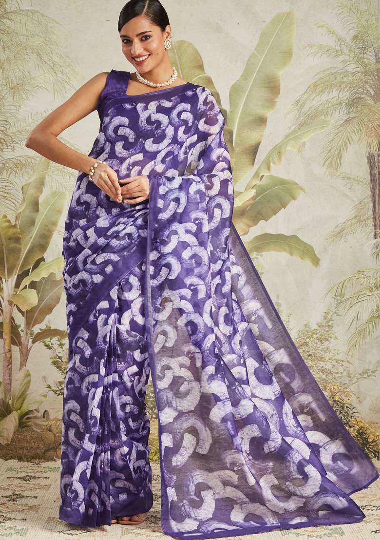 Purple Printed Cotton Saree Set - Indya