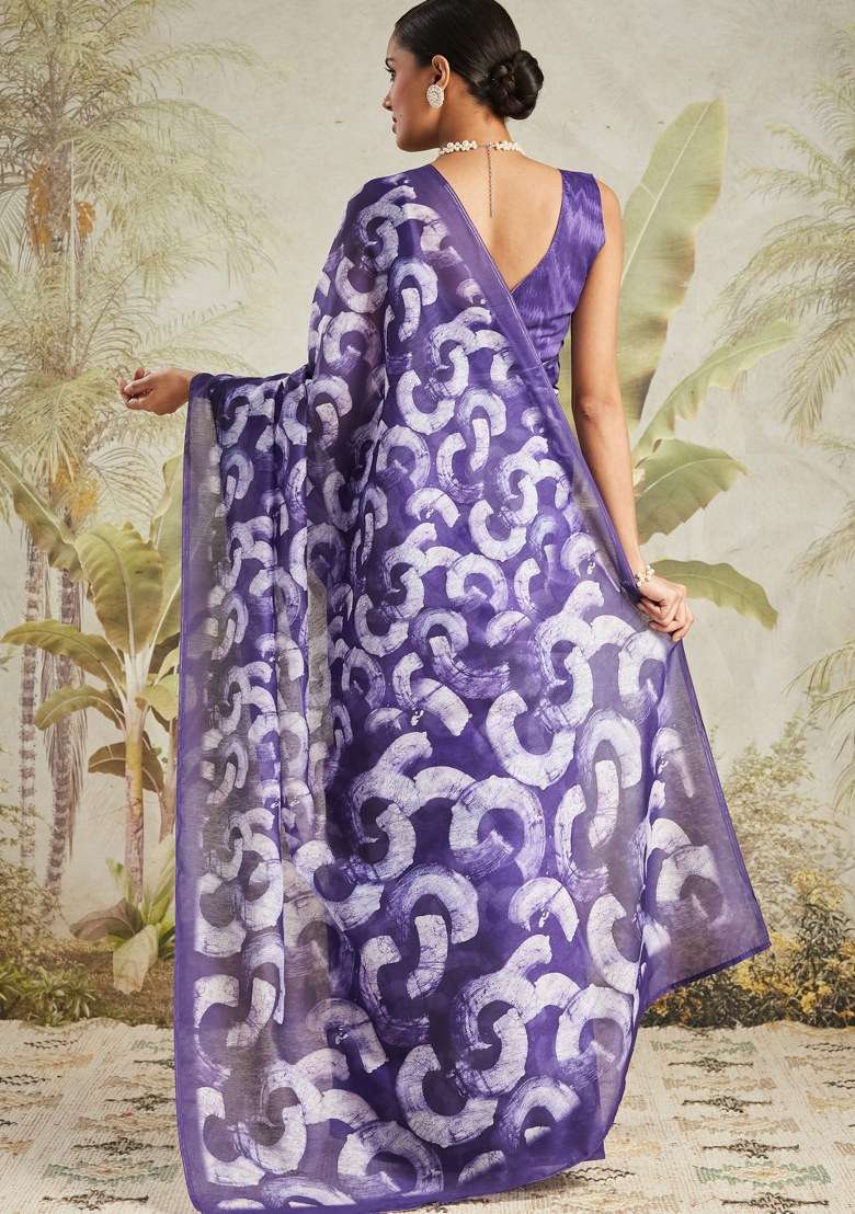 Purple Printed Cotton Saree Set - Indya