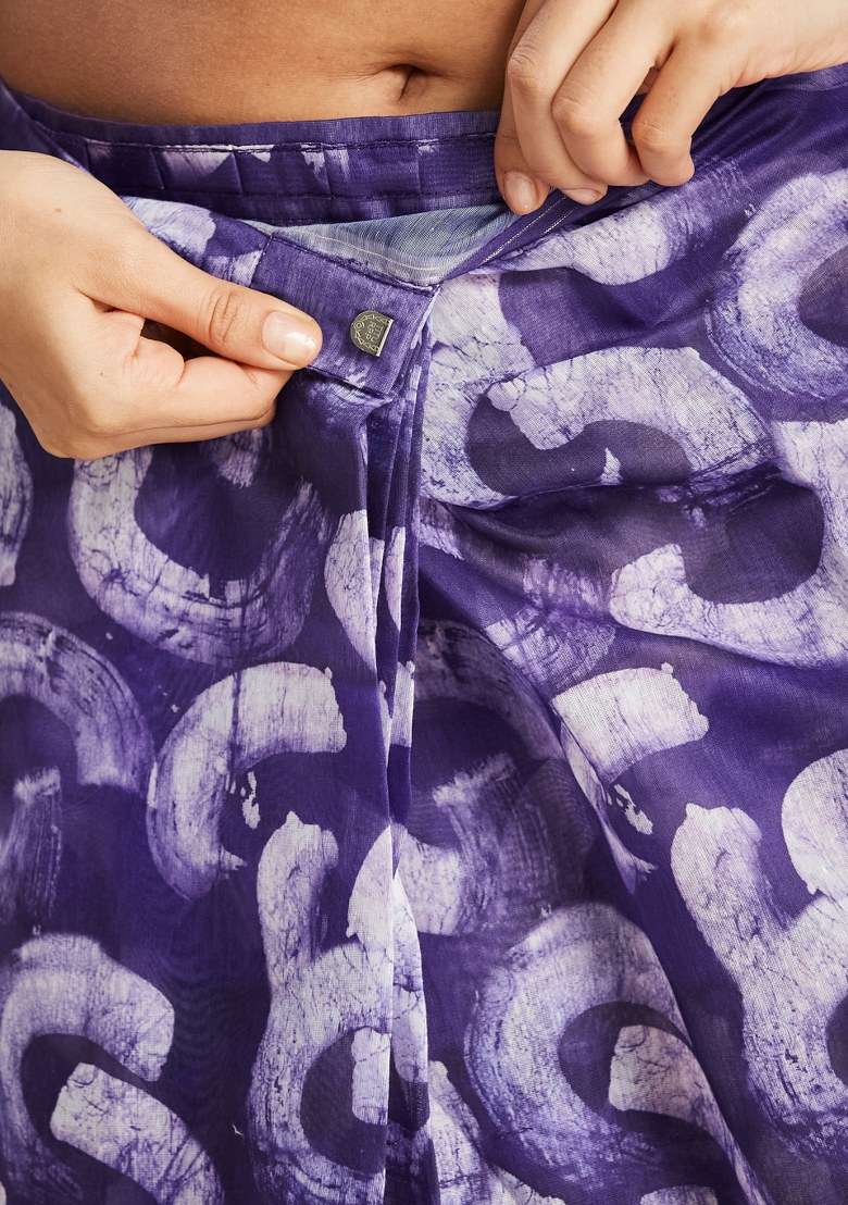 Purple Printed Cotton Saree Set - Indya