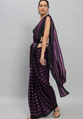 Purple Printed Satin Saree Set