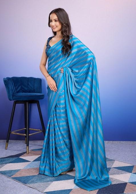Blue Printed Satin Saree Set