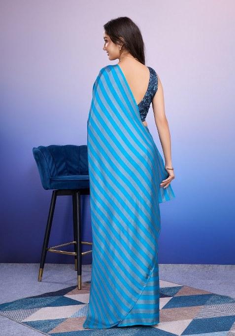 Blue Printed Satin Saree Set