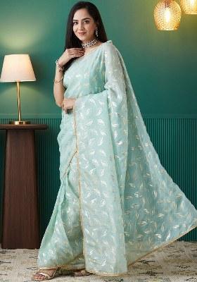 Blue Printed Organza Saree Set