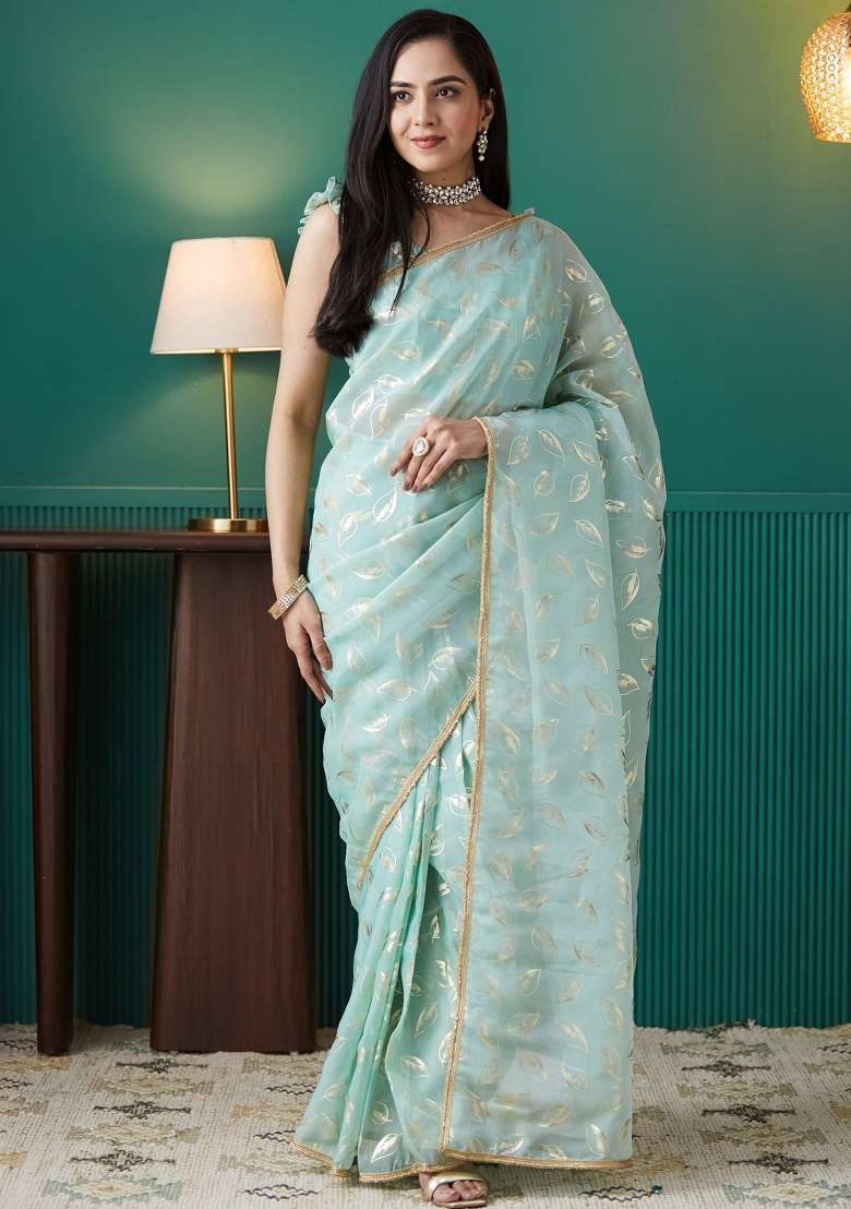 Blue Printed Organza Saree Set - Indya