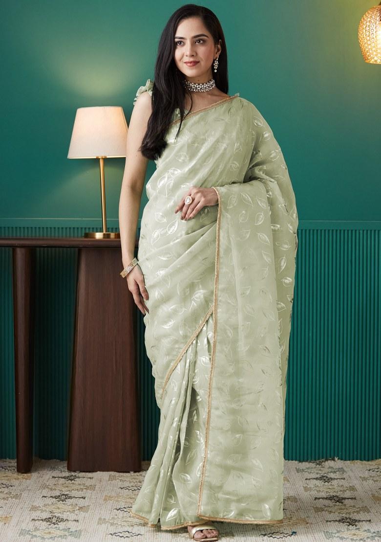 Green Printed Organza Saree Set