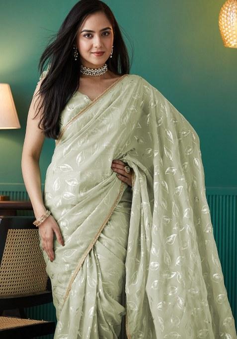 Green Printed Organza Saree Set