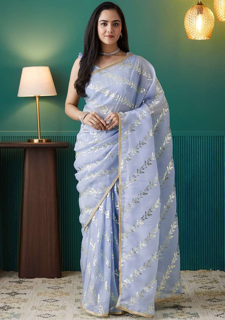 Purple Printed Organza Saree Set - Indya