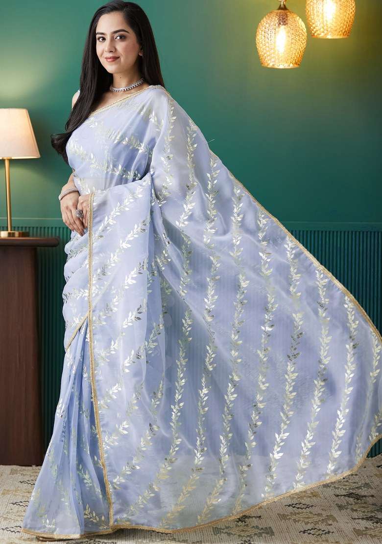 Purple Printed Organza Saree Set - Indya