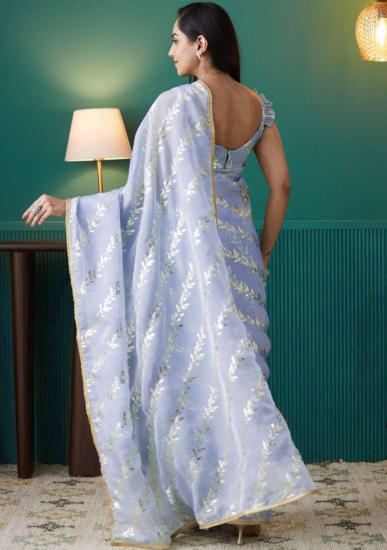 Purple Printed Organza Saree Set - Indya