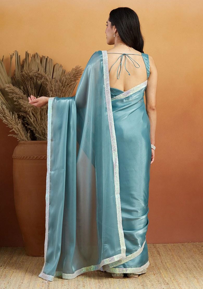 Blue Embroidered Velvet Saree Set