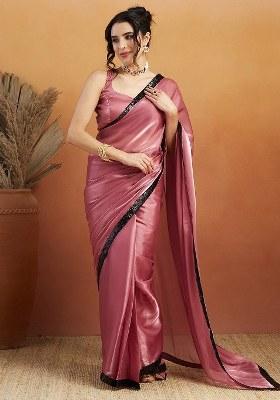 Pink Embroidered Velvet Saree Set