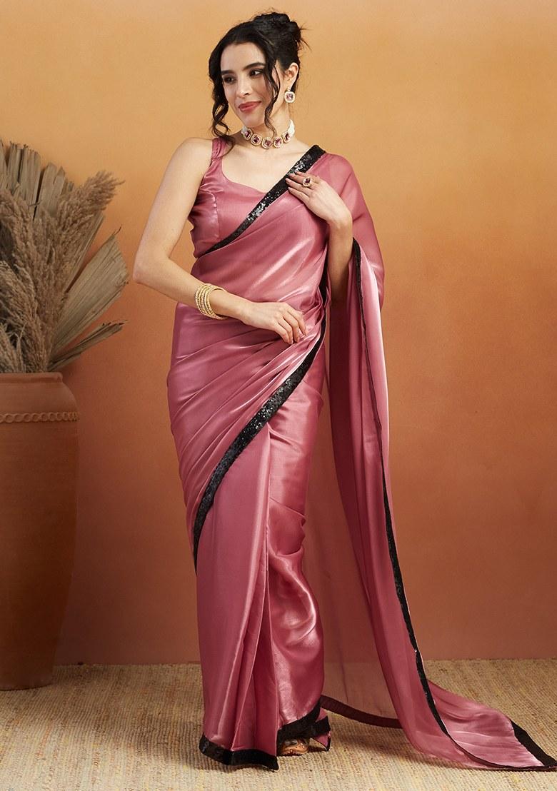 Pink Embroidered Velvet Saree Set