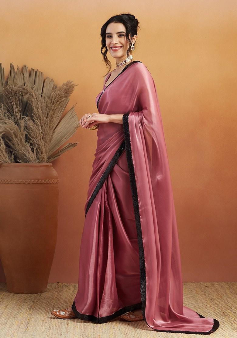 Pink Embroidered Velvet Saree Set