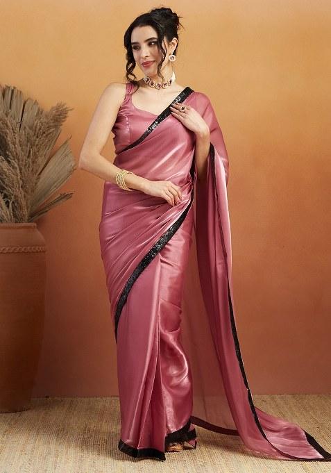 Pink Embroidered Velvet Saree Set