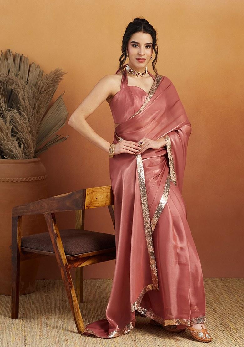 Pink Embroidered Velvet Saree Set